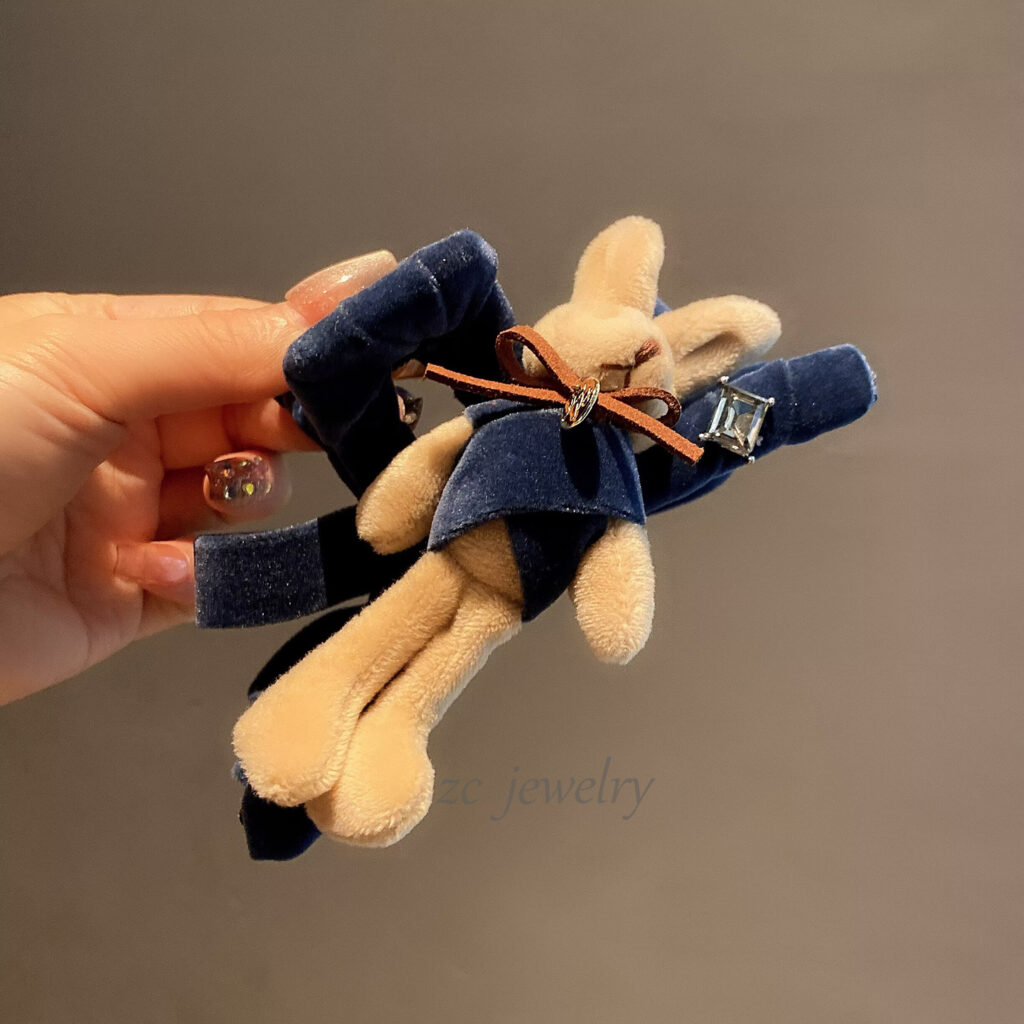 Kẹp gắp tóc lớn bên GẤU, bên NƠ tone XANH đối xứng khác nhau, Kẹp gắp tóc nữ thiết kế Hàn Quốc độc đáo sang trọng, quà tặng ý nghĩa độc đáo B4122