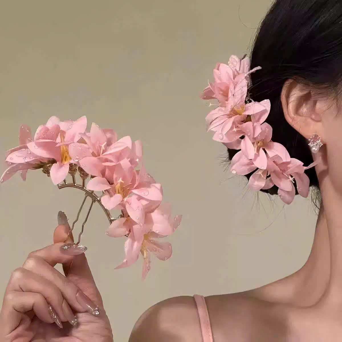 Trâm tóc chữ U hoa HỒNG, phụ kiện trâm tóc độc đáo thiết kế, TRÂM tóc cài đầu B4777