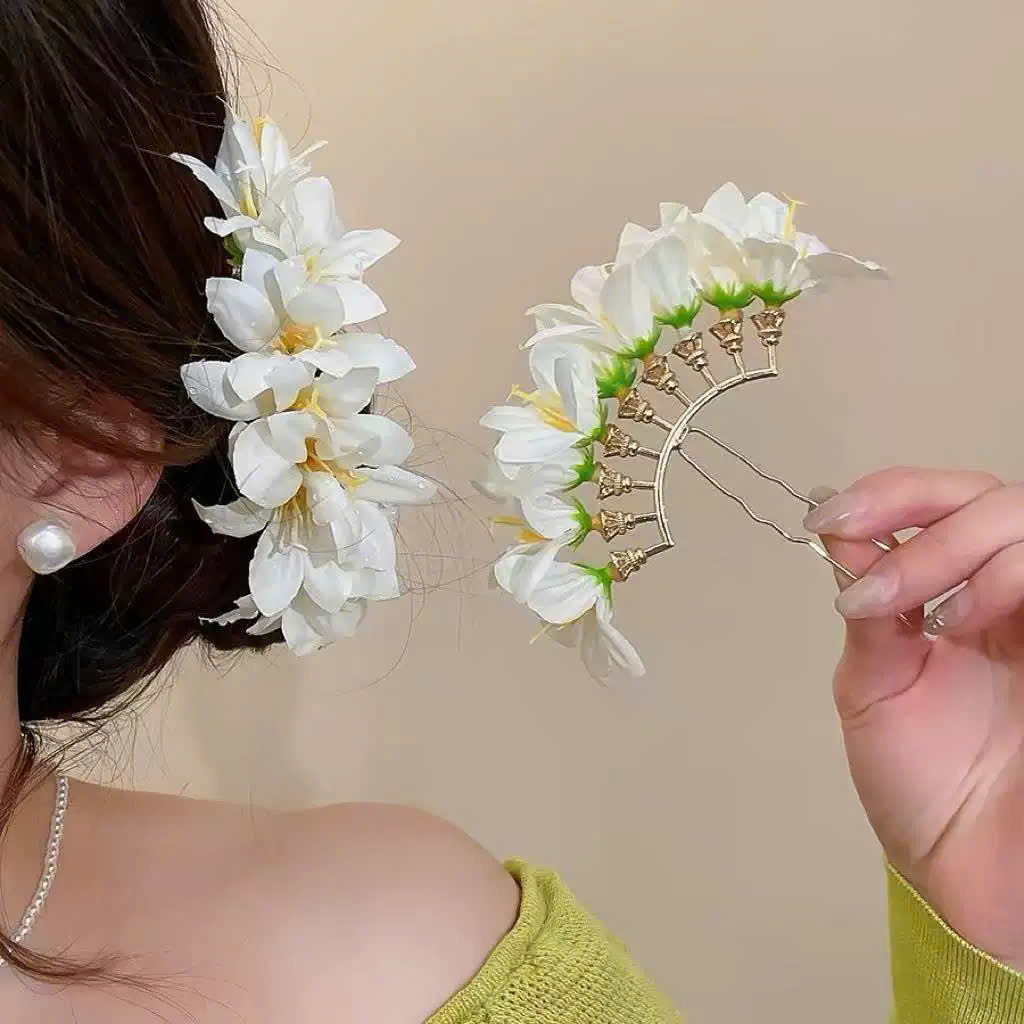 Trâm tóc chữ U hoa TRẮNG KEM nhạt, phụ kiện trâm tóc độc đáo thiết kế, TRÂM tóc cài đầu B4776