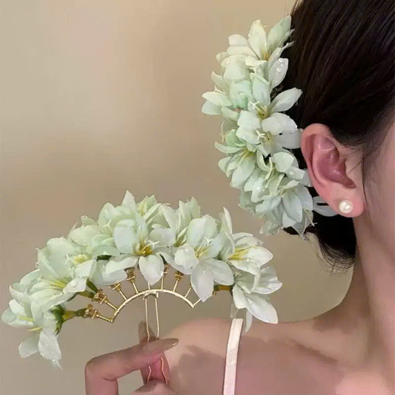 Trâm tóc chữ U hoa XANH LÁ nhạt, phụ kiện trâm tóc độc đáo thiết kế, TRÂM tóc cài đầu B4778