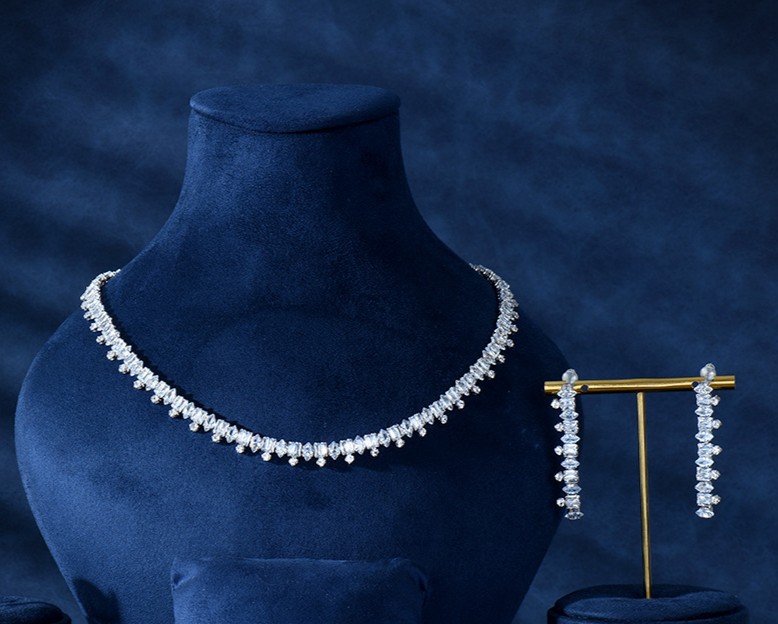 Bộ trang sức cô dâu full đá zircon xi bạc 925 cao cấp, bộ bông tai dây chuyền cô dâu cao cấp, trang sức đi tiệc độc đáo đơn giản sang trọng B4855