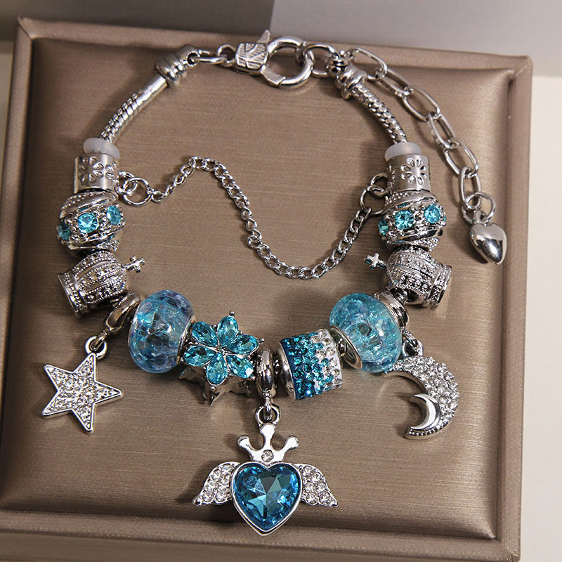 Vòng tay nữ Pandora XANH DƯƠNG thiên thần, ngôi sao, mặt trăng cao cấp độc đáo, quà tặng bạn gái độc đáo, Quà tặng xinh ý nghĩa B4873