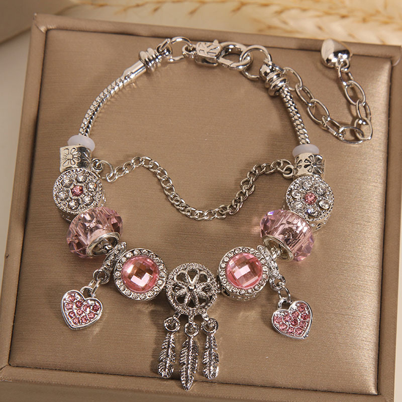 Vòng tay Pandora Dreamcatcher may mắn hạt thủy tinh HỒNG tone màu BẠC 2 trái tim hồng đính đá độc đáo cao cấp, Quà tặng ý nghĩa, quà tặng độc đáo B4896