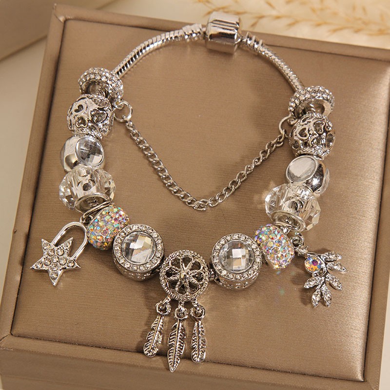 Vòng tay Pandora Dreamcatcher may mắn Charm TRẮNG tone màu BẠC Khóa ngôi sao đính đá độc đáo cao cấp, Quà tặng ý nghĩa, quà tặng độc đáo B4898