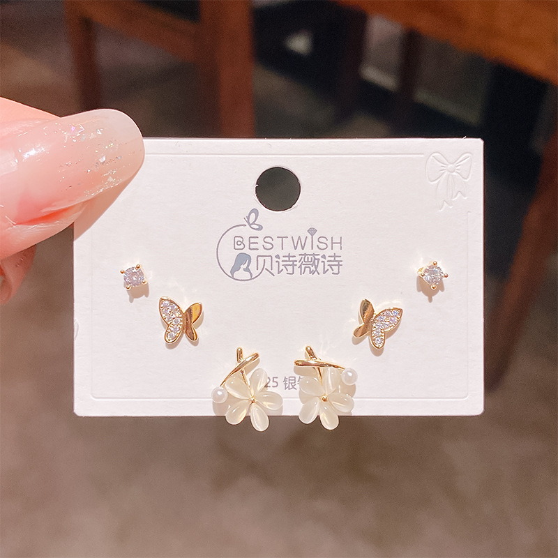 Bộ 3 đôi hoa tai Hoa 5 cánh mắt mèo bướm xi VÀNG PHA cao cấp, hoa tai nhí sát tai thiết kế Hàn quốc, tinh tế, thanh lịch, Hoa tai đi tiệc sang trọng, quà tặng ý nghĩa độc đáo B4943