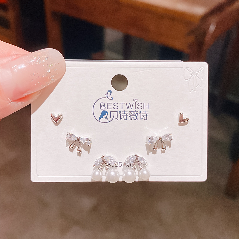 Bộ 3 đôi hoa tai NƠ ĐÁ ZIRCON cherry xi bạc 925 cao cấp, hoa tai nhí sát tai thiết kế Hàn quốc, tinh tế, thanh lịch, Hoa tai đi tiệc sang trọng, quà tặng ý nghĩa độc đáo B4945
