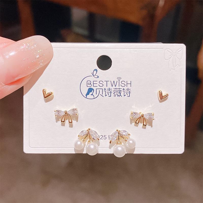 Bộ 3 đôi hoa tai NƠ ĐÁ ZIRCON cherry xi VÀNG PHA cao cấp, hoa tai nhí sát tai thiết kế Hàn quốc, tinh tế, thanh lịch, Hoa tai đi tiệc sang trọng, quà tặng ý nghĩa độc đáo B4946