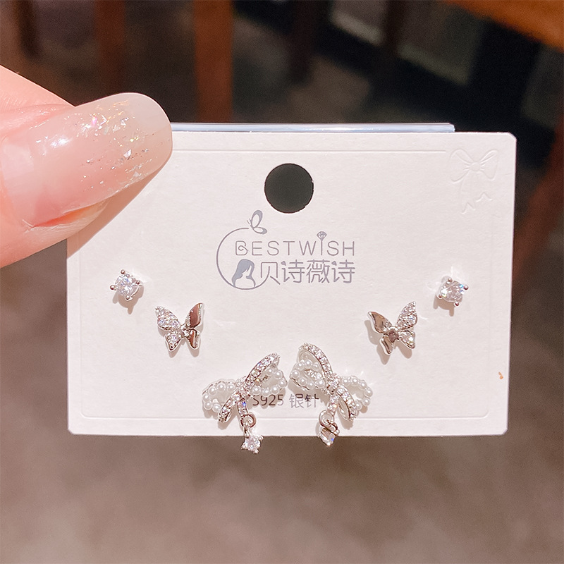 Bộ 3 đôi hoa tai BƯỚM NƠ giọt nước xi màu bạc cao cấp, hoa tai nhí sát tai thiết kế Hàn quốc, tinh tế, thanh lịch, Hoa tai đi tiệc sang trọng, quà tặng ý nghĩa độc đáo B4947