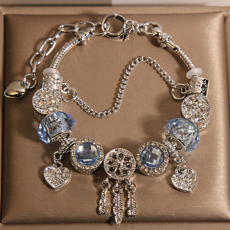 Vòng tay pandora XANH DƯƠNG NHẠT Dreamcatcher may mắn trái tim cao cấp, Quà tặng ý nghĩ cho bạn gái, quà tặng độc đáo cho người yêu, vòng tay đẹp B4905