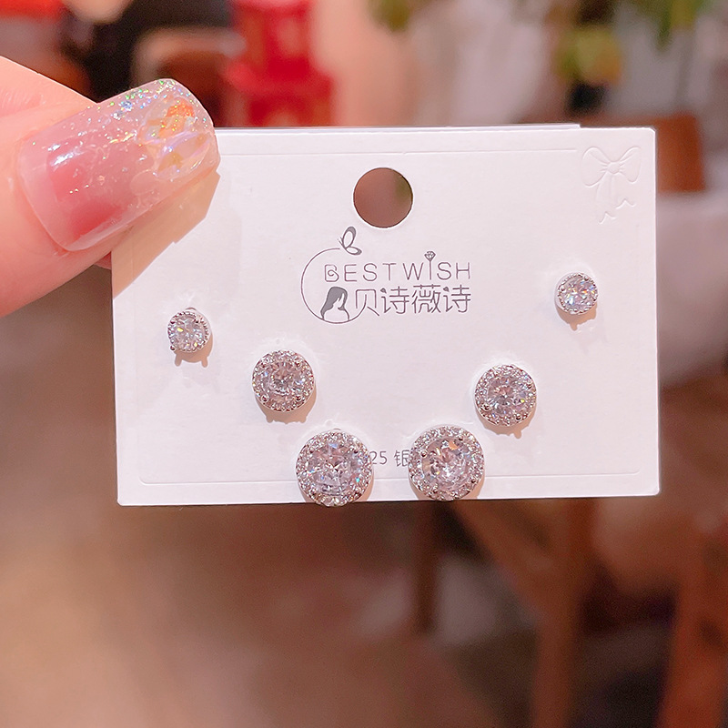 Bộ 3 đôi Hoa tai nụ đá trắng zircon xi bạc 925 cao cấp B4955