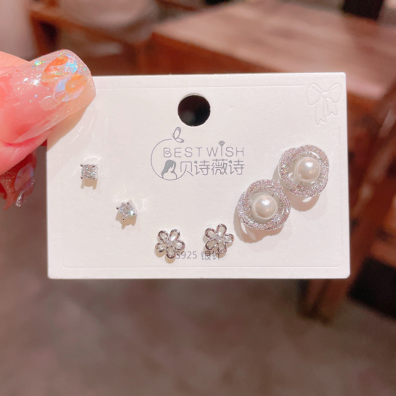 Bộ 3 đôi hoa tai Đá zircon xi bạc 925 cao cấp, Hoa tai nữ sát tai phụ kiện thời trang điểm nhấn bông tai B4956