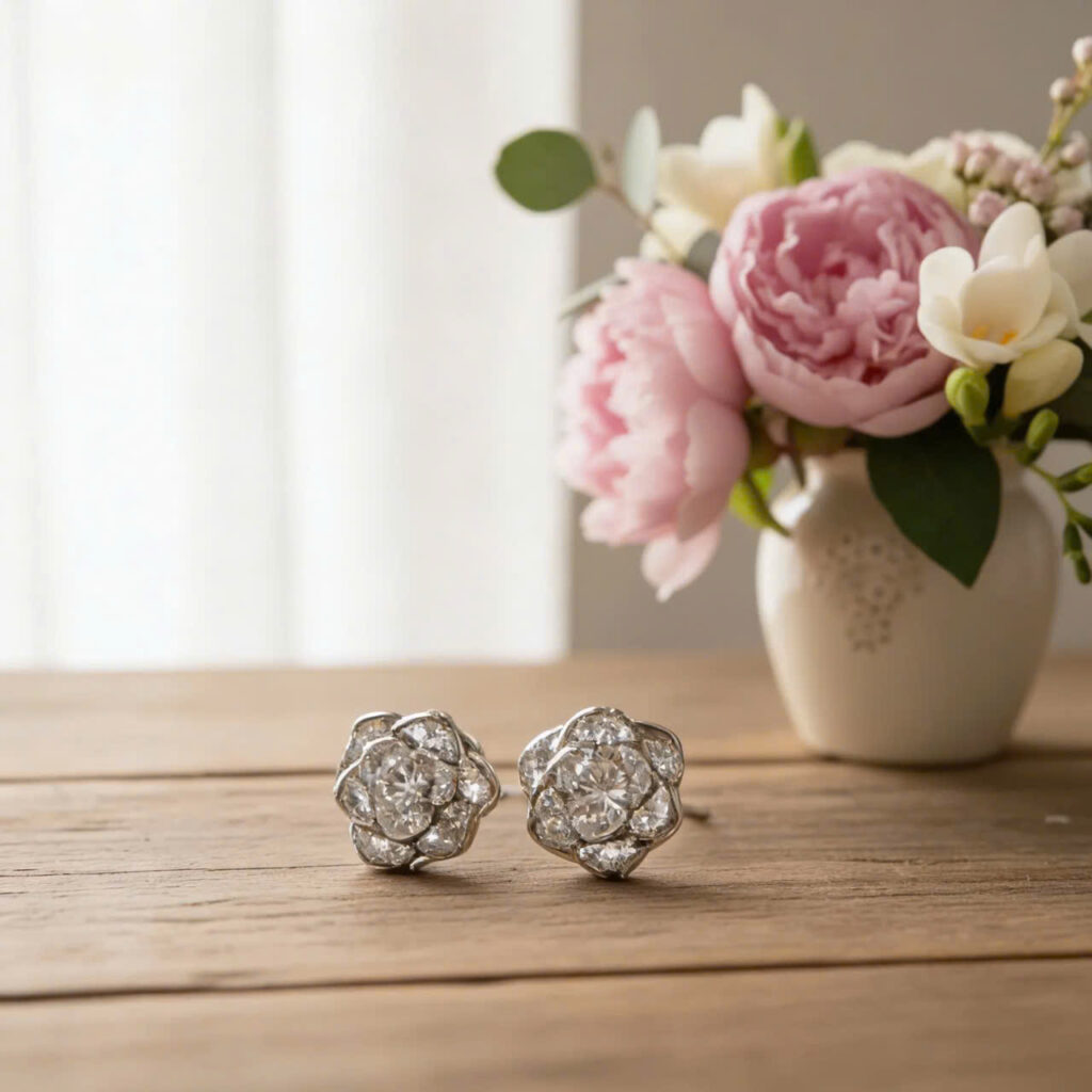 Bông tai nữ nhí sát  tai nhỏ xinh sang trọng, tinh tế thiết kế HOA HỒNG đá zircon nhí cao cấp xi bạc, Hoa tai nữ đi tiệc, quà tặng xinh độc đáo 925 B4998