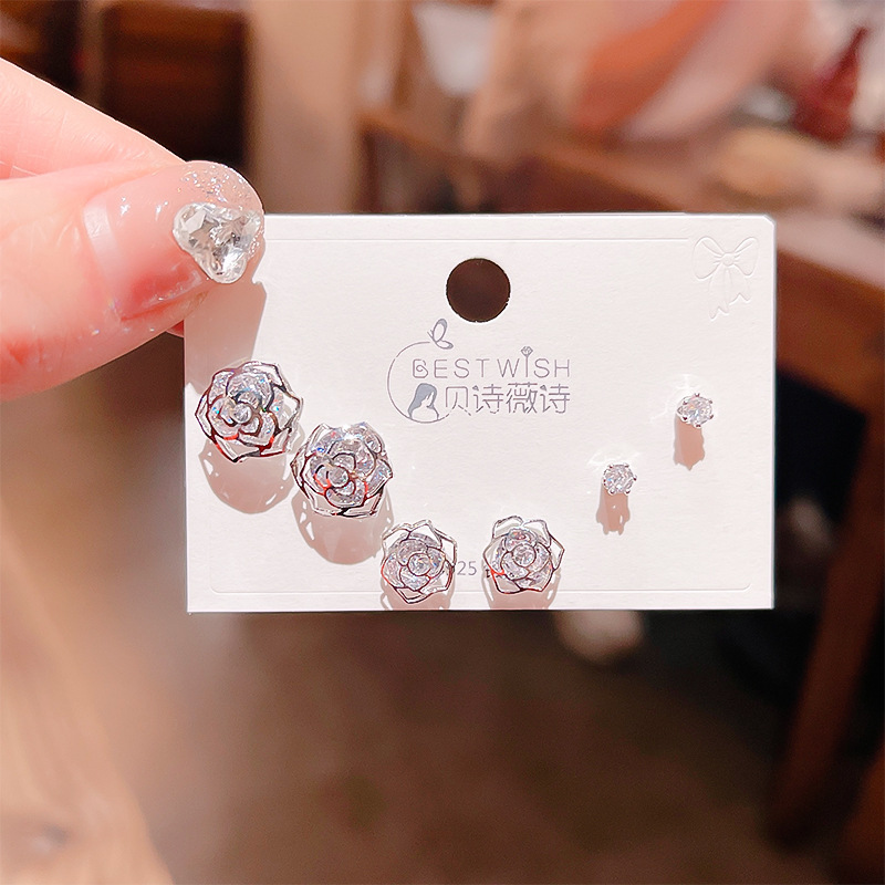 Bộ 3 đôi hoa tai HOA HỒNG trong đá zircon xi bạc 925 cao cấp, hoa tai nhí sát tai thiết kế Hàn quốc, tinh tế, thanh lịch, Hoa tai đi tiệc sang trọng, quà tặng ý nghĩa độc đáo B4958