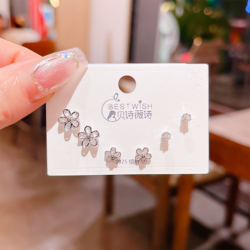Bộ 3 đôi hoa tai Hoa 5 cánh đá zircon xi bạc 925 cao cấp, hoa tai nhí sát tai thiết kế Hàn quốc, tinh tế, thanh lịch, Hoa tai đi tiệc sang trọng, quà tặng ý nghĩa độc đáo B4964