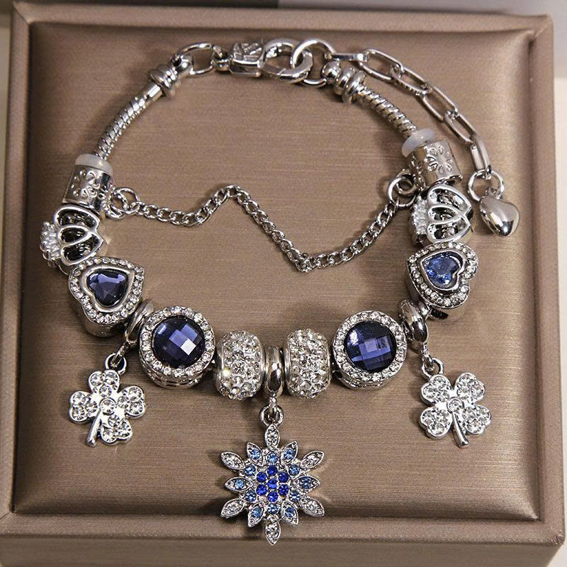 Vòng tay Pandora BÔNG TUYẾT XANH DƯƠNG cỏ 4 lá may mắn,Quà tặng ý nghĩ cho bạn gái, quà tặng độc đáo cho người yêu, vòng tay đẹp  B4875