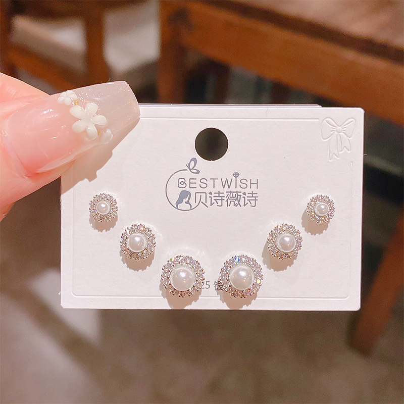 Bộ 3 đôi hoa tai Ngọc viền đá zircon nhí xi BẠC 925 cao cấp, hoa tai nhí sát tai thiết kế Hàn quốc, tinh tế, thanh lịch, Hoa tai đi tiệc sang trọng, quà tặng ý nghĩa độc đáo B4924