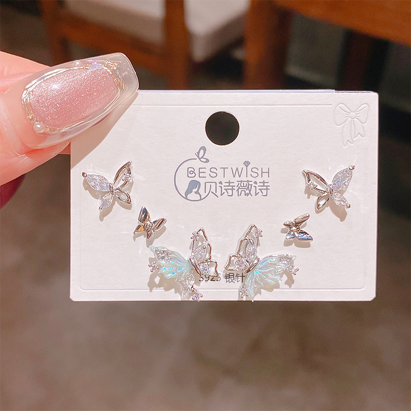 Bộ 3 đôi hoa tai HỒ ĐIỆP đá zircon mix màu cao cấp, hoa tai nhí sát tai thiết kế Hàn quốc, tinh tế, thanh lịch, Hoa tai đi tiệc sang trọng, quà tặng ý nghĩa độc đáo B4977