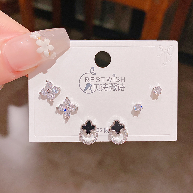 Bộ 3 đôi hoa tai Cỏ 4 lá HÌNH HỌC đá zircon xi bạc 925 cao cấp, hoa tai nhí sát tai thiết kế Hàn quốc, tinh tế, thanh lịch, Hoa tai đi tiệc sang trọng, quà tặng ý nghĩa độc đáo B4982