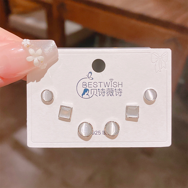 Bộ 3 đôi hoa tai hình học mắt mèo xi bạc 925 cao cấp, hoa tai nhí sát tai thiết kế Hàn quốc, tinh tế, thanh lịch, Hoa tai đi tiệc sang trọng, quà tặng ý nghĩa độc đáo B4993