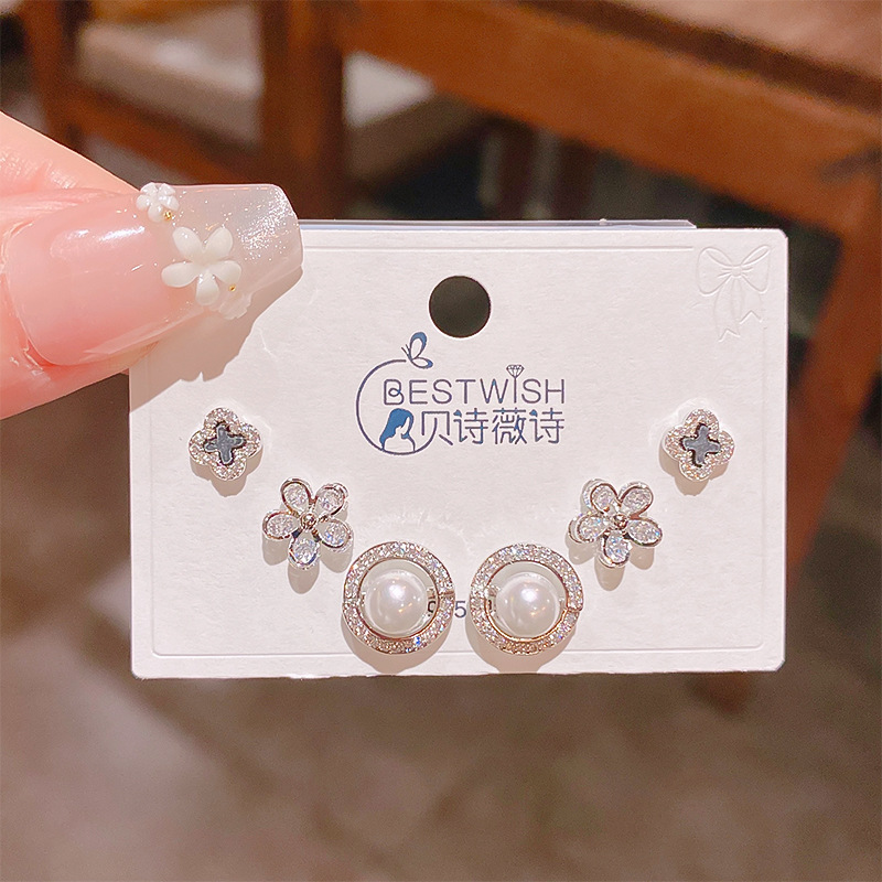 Bộ 3 đôi hoa tai Hoa 5 cánh, cỏ 4 lá, ngọc viền xoắn ốc đá zircon xi bạc 925 cao cấp, hoa tai nhí sát tai thiết kế Hàn quốc, tinh tế, thanh lịch, Hoa tai đi tiệc sang trọng, quà tặng ý nghĩa độc đáo B4994
