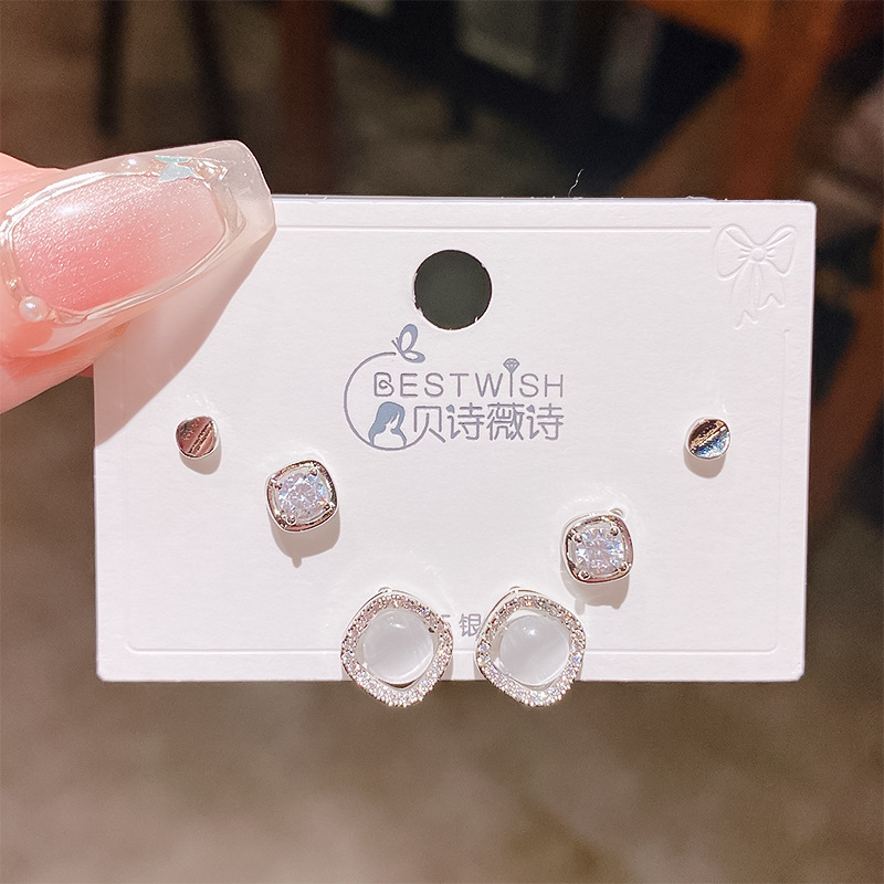 Bộ 3 đôi hoa tai nhí mắt mèo đá zircon xinh xi BẠC 925 cao cấp, hoa tai nhí sát tai thiết kế Hàn quốc, tinh tế, thanh lịch, Hoa tai đi tiệc sang trọng, quà tặng ý nghĩa độc đáo B4927
