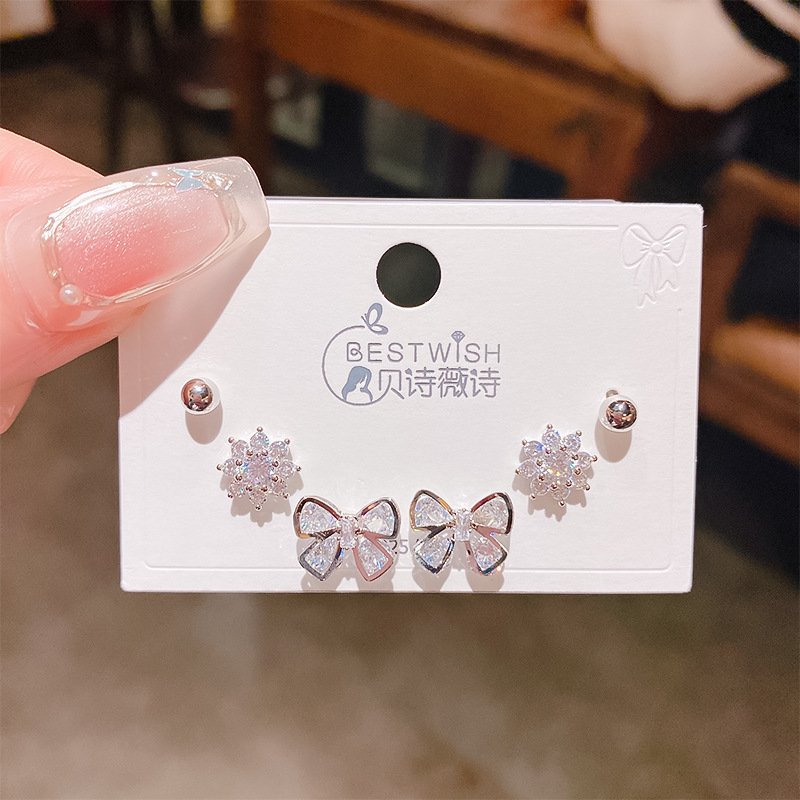 Bộ 3 đôi hoa tai NƠ HOA đá zircon xi bac 925 cao cấp, hoa tai nhí sát tai thiết kế Hàn quốc, tinh tế, thanh lịch, Hoa tai đi tiệc sang trọng, quà tặng ý nghĩa độc đáo B4928