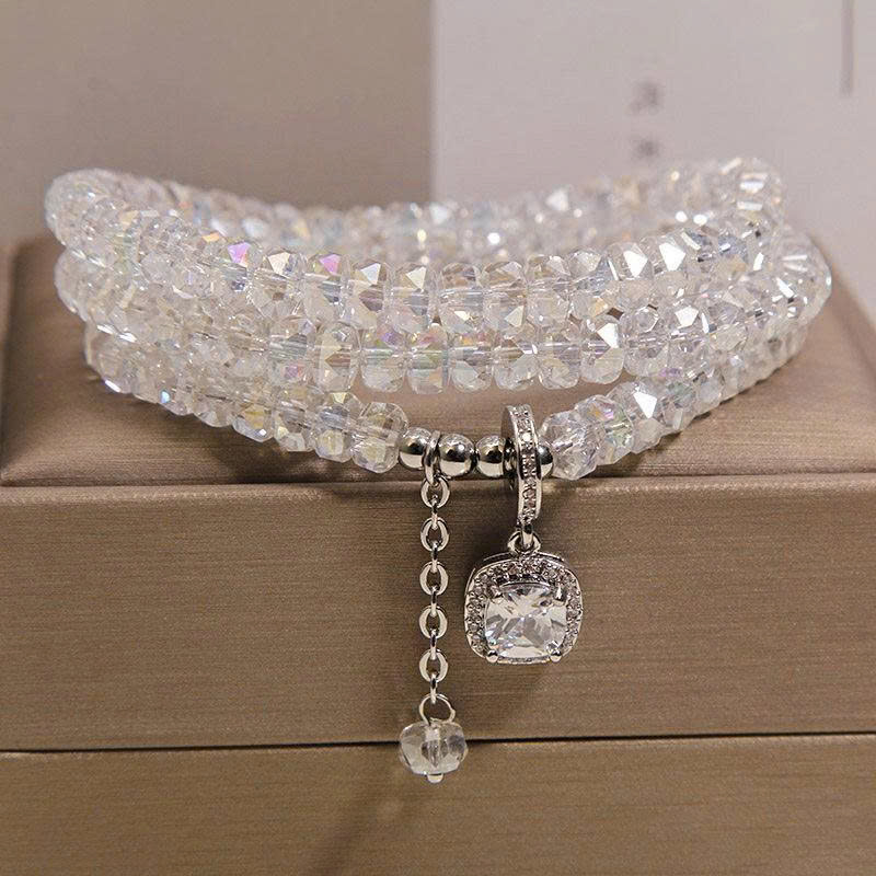 Vòng tay, dây chuyền pha lê TRẮNG lấp lánh cao cấp co giãn freesize mặt VUÔNG đá zircon độc đáo sang trọng, vòng tay chuỗi pha lê 3 vòng, quà tặng độc đáo ý nghĩa B4916