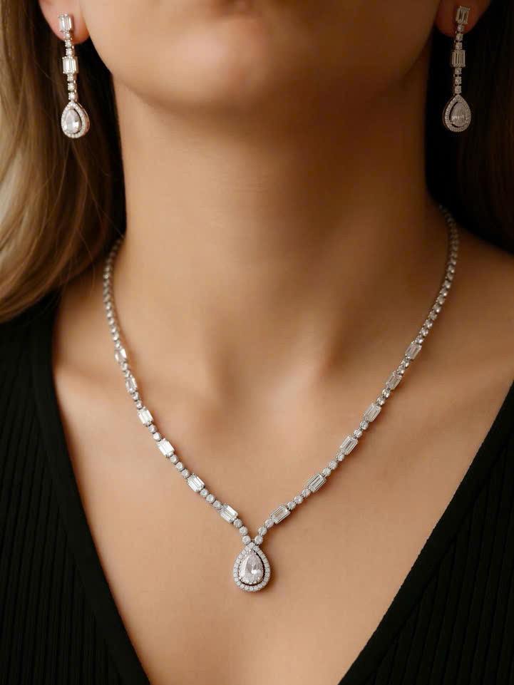 Bộ trang sức GIỌT NƯỚC đá zircon cao cấp, bộ bông tai dây chuyền cô dâu sang trọng, phụ kiện cưới, vòng cổ cưới, trang sức cưới,quà tặng mẹ B4857