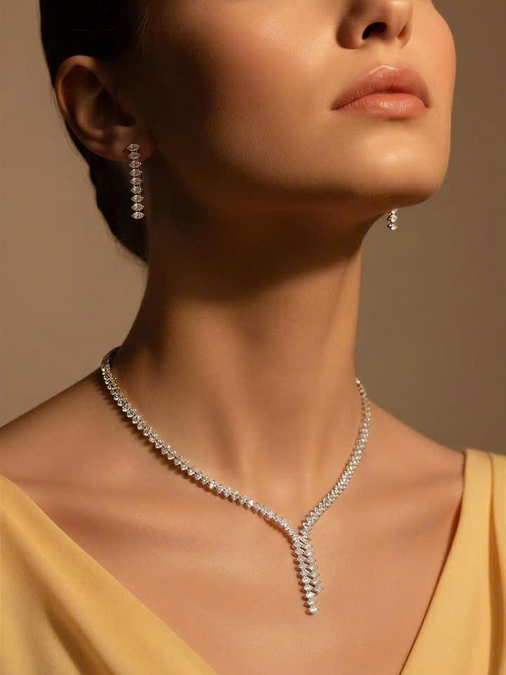 Bộ trang sức CHỮ Y full đá zircon xi bạc 925 cao cấp, bông tai dây chuyền cô dâu, trang sức cô dâu, phụ kiện trang sức đi tiệc sang trọng B4859