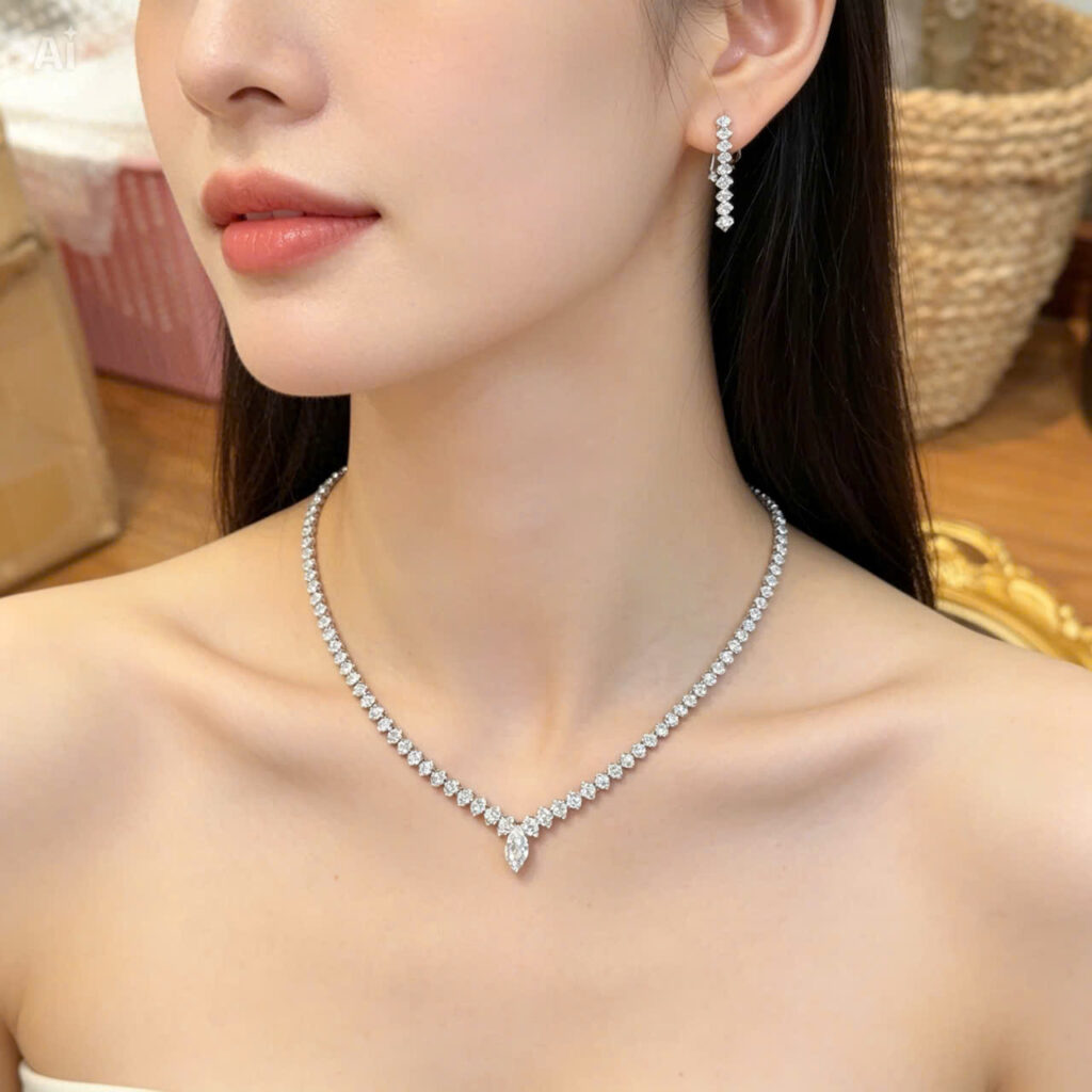 Bộ trang sức cô dâu FULL ĐÁ cao cấp giọt nước, bông tai dây chuyền sang trọng đi tiệc độc đáo,trang sức cô dâu, phụ kiện vòng cổ đi tiệcB4858