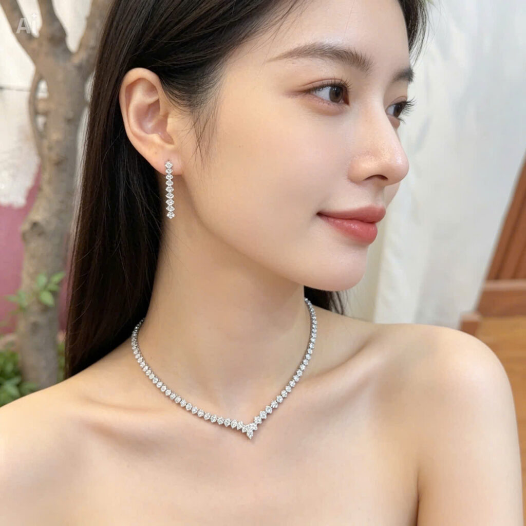 Bộ trang sức cô dâu, bông tai dây chuyền đá zircon chiếc lá giọt nước cao cấp, tảng sức cô dâu đẹp sang trọng, phụ kiện đi tiệc vòng cổ cao cấp B4860