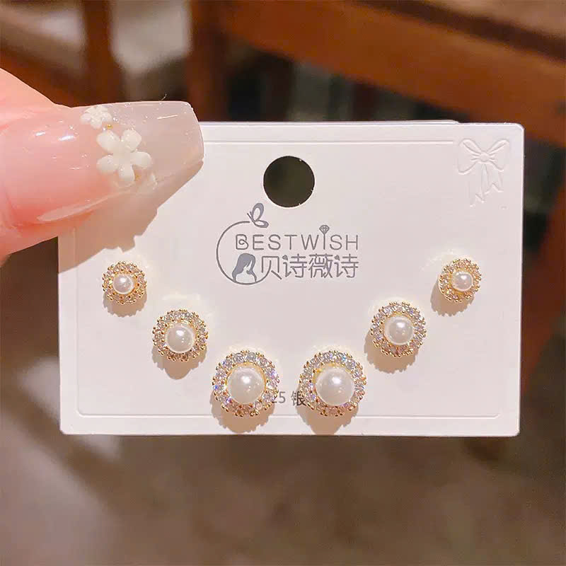 Bộ 3 đôi hoa tai NGỌC nhí 3 size viền đá zircon xi vàng pha cao cấp, hoa tai nhí sát tai thiết kế Hàn quốc, tinh tế, thanh lịch, Hoa tai đi tiệc sang trọng, quà tặng ý nghĩa độc đáo B4936