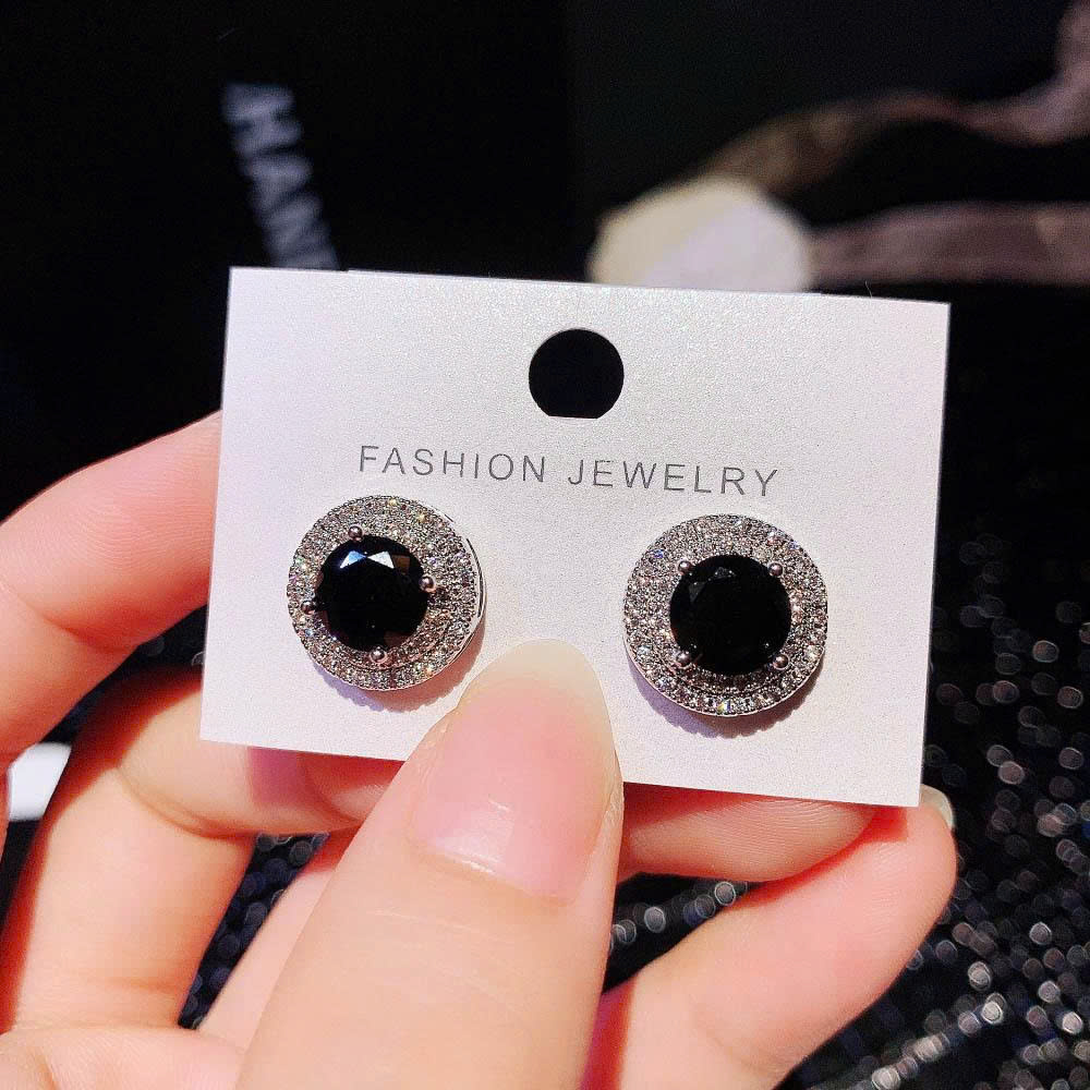 Bông tai Tròn nhụy đá ĐEn viền đá zircon xi bạc 925 cao cấp, phụ kiện hoa tai đi tiệc độc đáo, bông tai đẹp, B5190