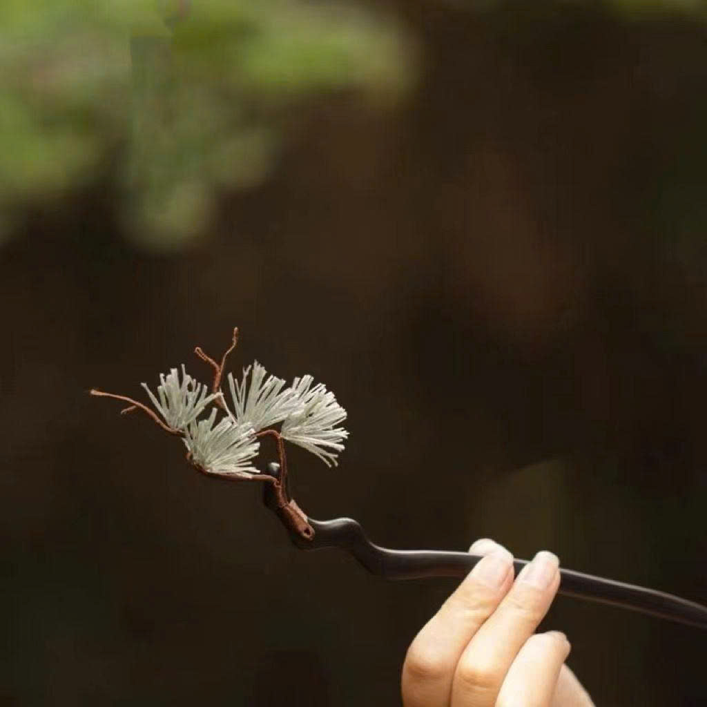 Một chiếc kẹp tóc bằng gỗ mun đen cài trên cây thông trên một ngọn núi hùng vĩ. trâm cài tóc sườn xám B5301