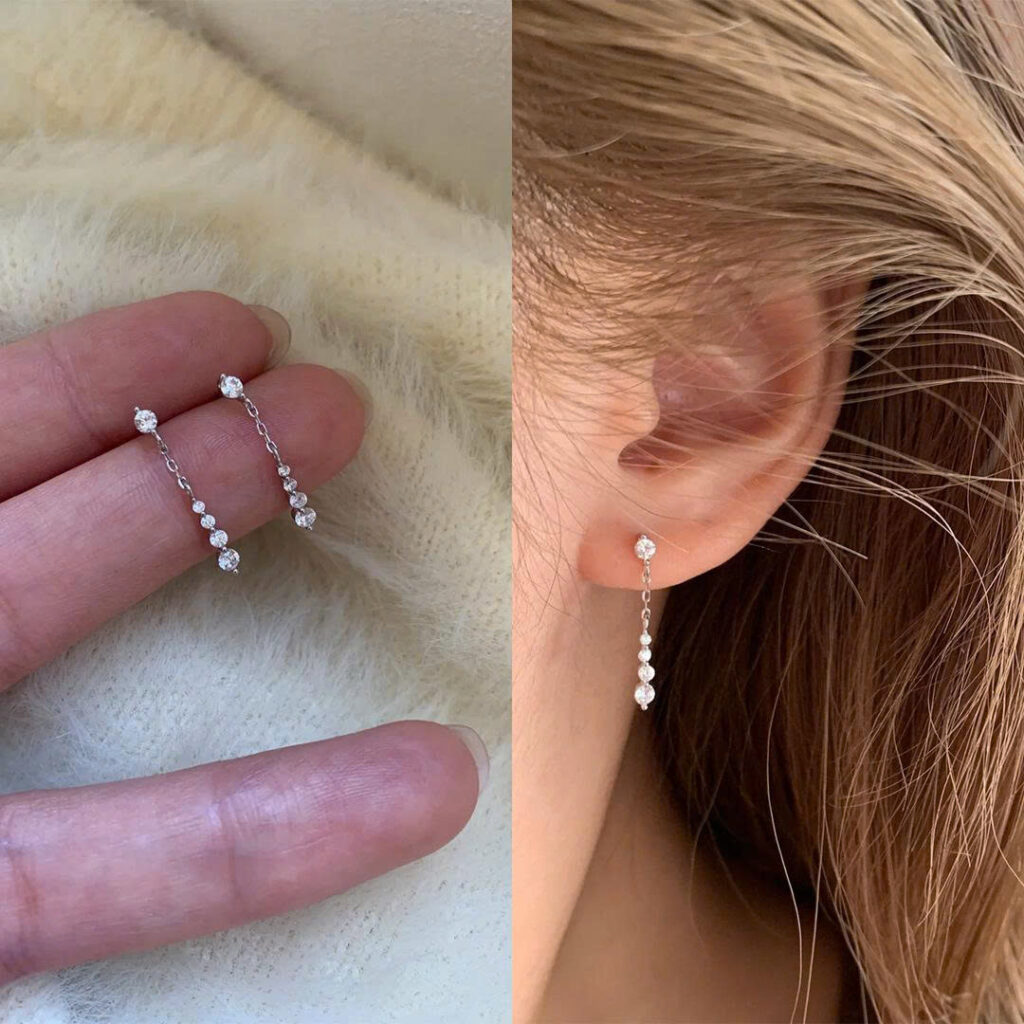 Bông tai ánh băng động cao cấp zircon, Hoa tai dáng dài thanh mảnh cô dâu, bông tai đi tiệc thanh lịch, quà tặng ý nghĩa B5312