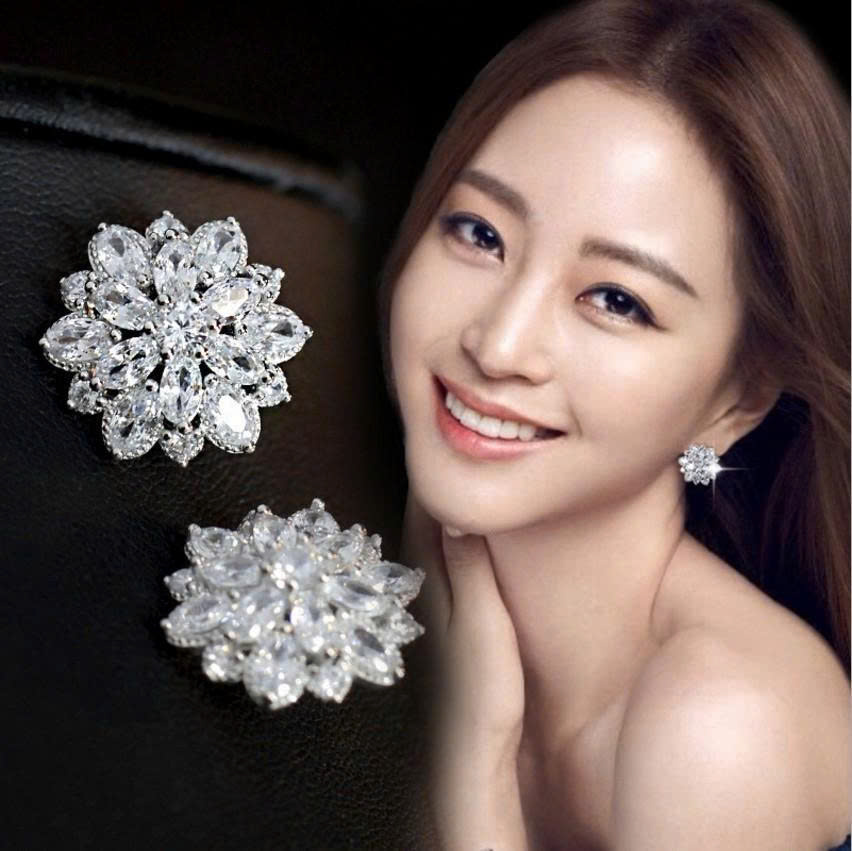 Bông tai hình hoa hướng dương xi bạc S925 đính đá zircon, bông tai cô dâu, hoa tai đi tiệc lấp lánh sang trọng, bông tai dạ hội B5328