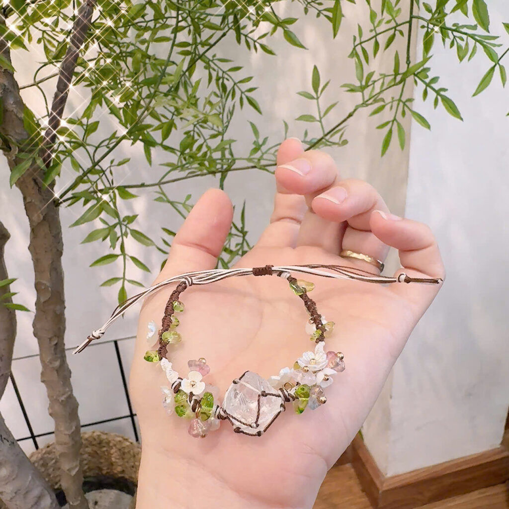 Vòng tay handmade đá thô mix hoa anh đào, lắc tay nữ đẹp, phụ kiện lắc tay xinh, quà tặng ý nghĩa B5295